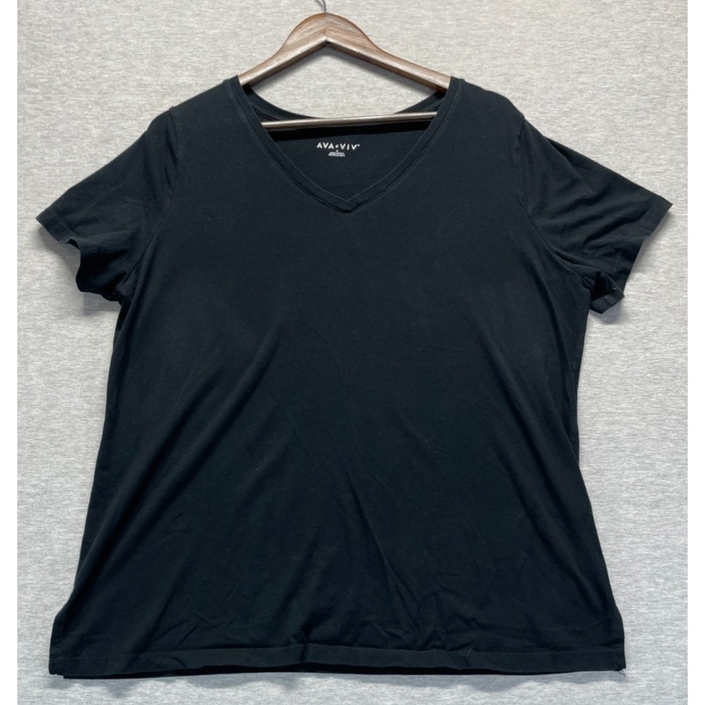 Ava & Viv T Shirt Womens 1X Black Side Slit Short Sleeve V-Neck Everyday Wear